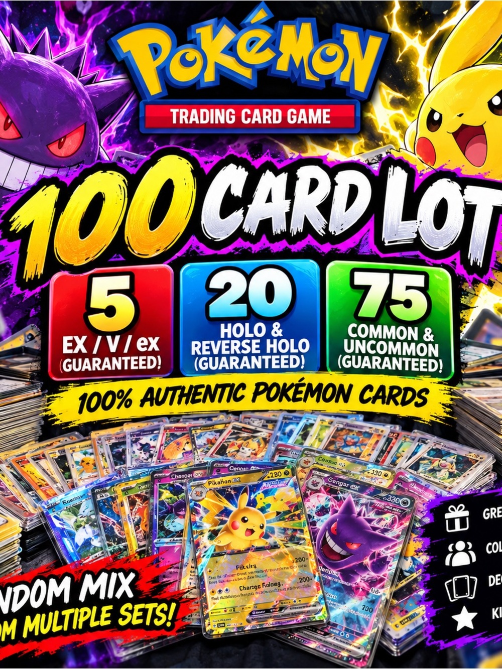 🔥 100 Pokémon Card Lot | 5 EX + 20 Holos GUARANTEED